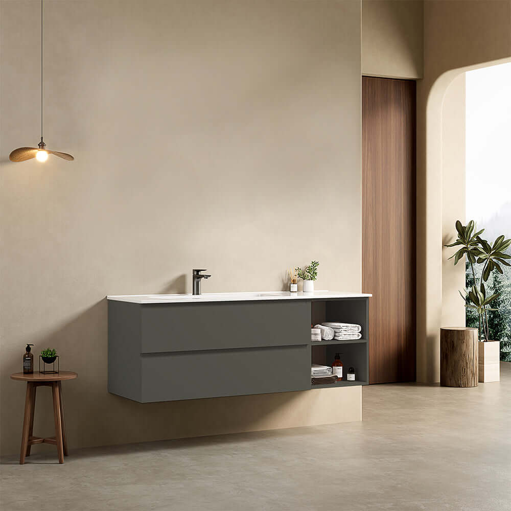Mobile bagno sospeso 140 cm Grigio Londra Lavabo a Sinistra in Resina Senza Specchio - Fiji Paint Plus