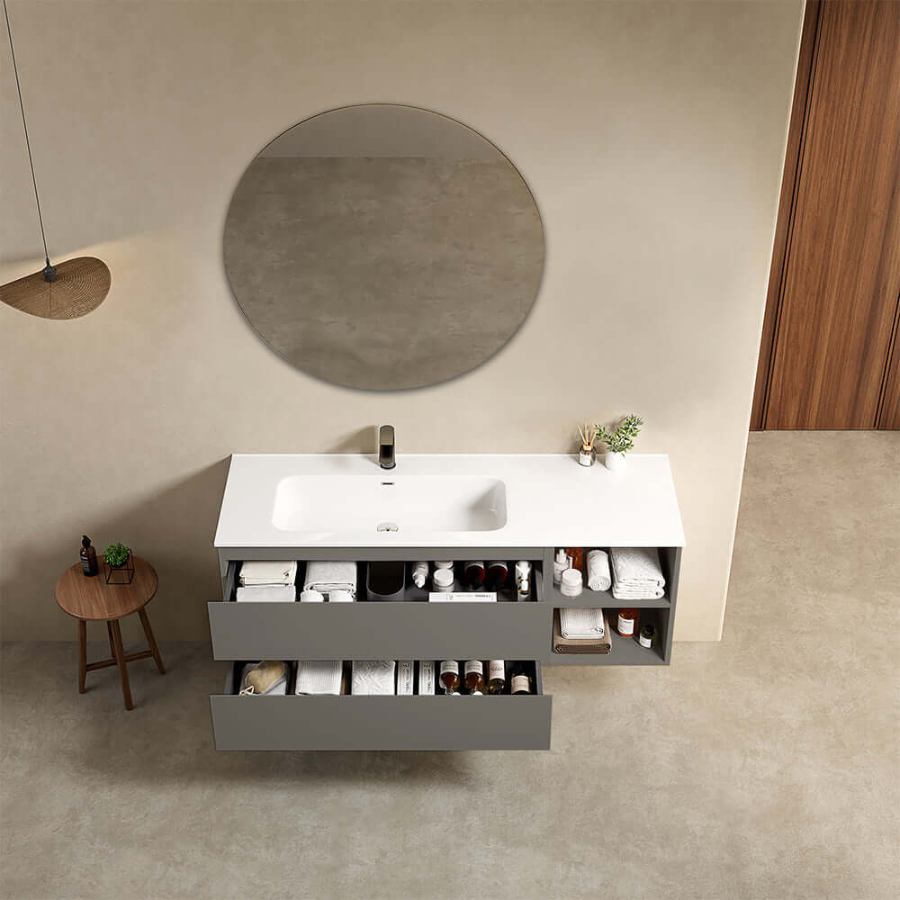 Mobile bagno sospeso 140 cm Grigio Londra Lavabo a Sinistra in Resina Specchio Tondo - Fiji Paint Plus
