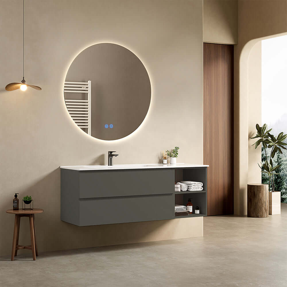 Mobile bagno sospeso 140 cm Grigio Londra Lavabo a Sinistra in Resina Specchio Tondo Retroilluminato - Fiji Paint Plus
