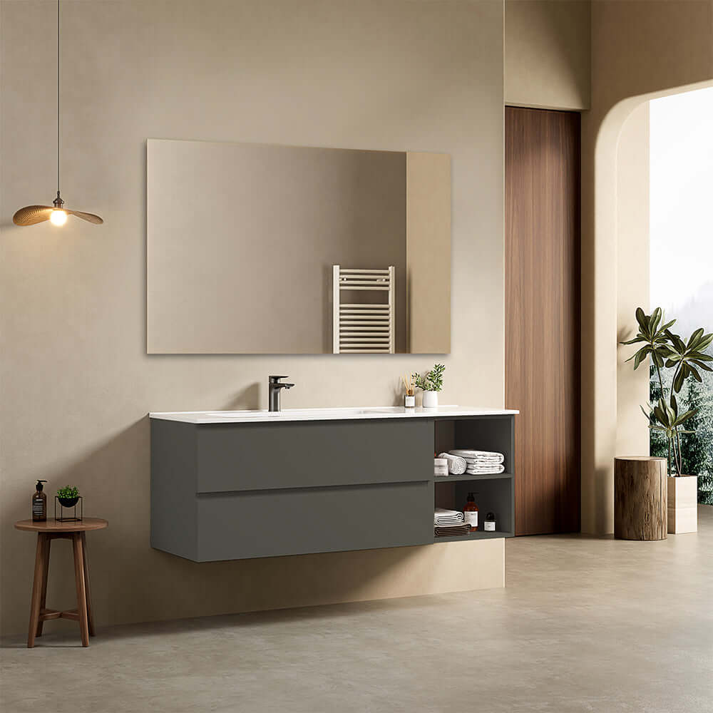 Mobile bagno sospeso 140 cm Grigio Londra Lavabo a Sinistra in Resina Specchio Quadro - Fiji Paint Plus