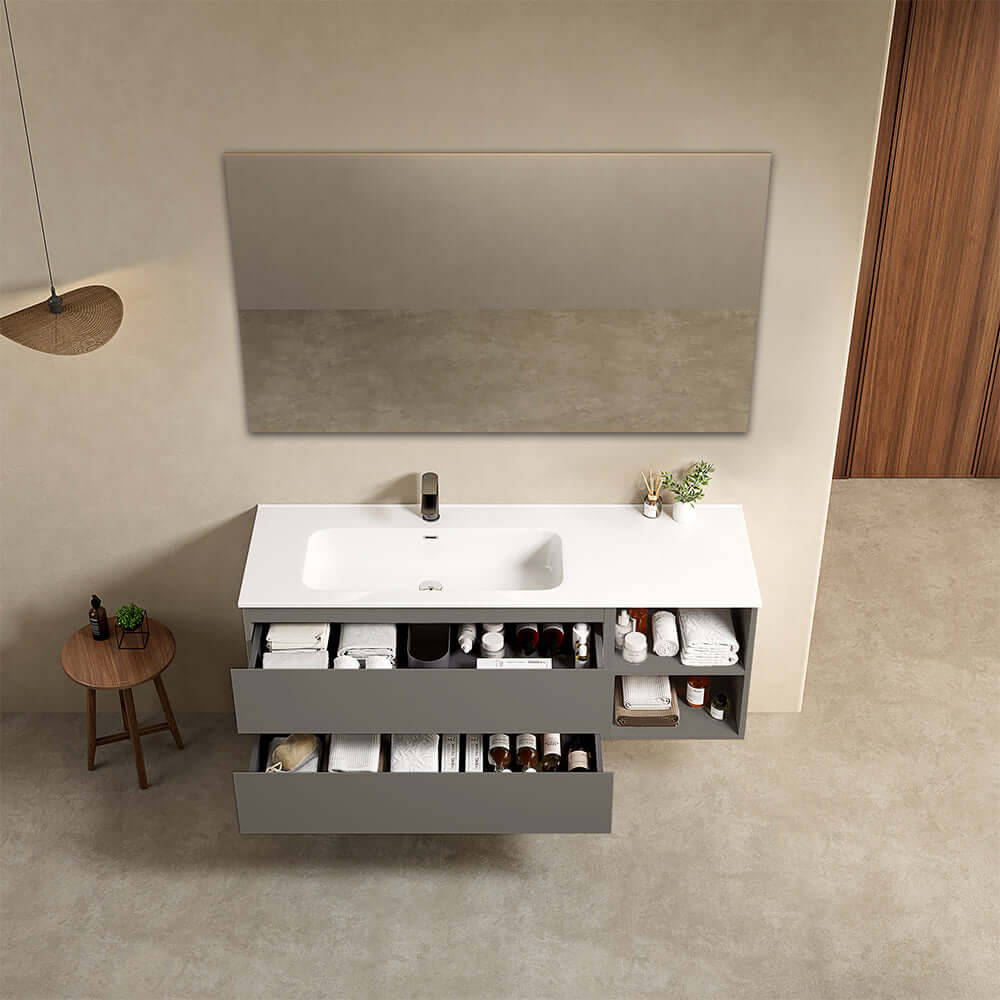 Mobile bagno sospeso 140 cm Grigio Londra Lavabo a Sinistra in Resina Specchio Quadro - Fiji Paint Plus