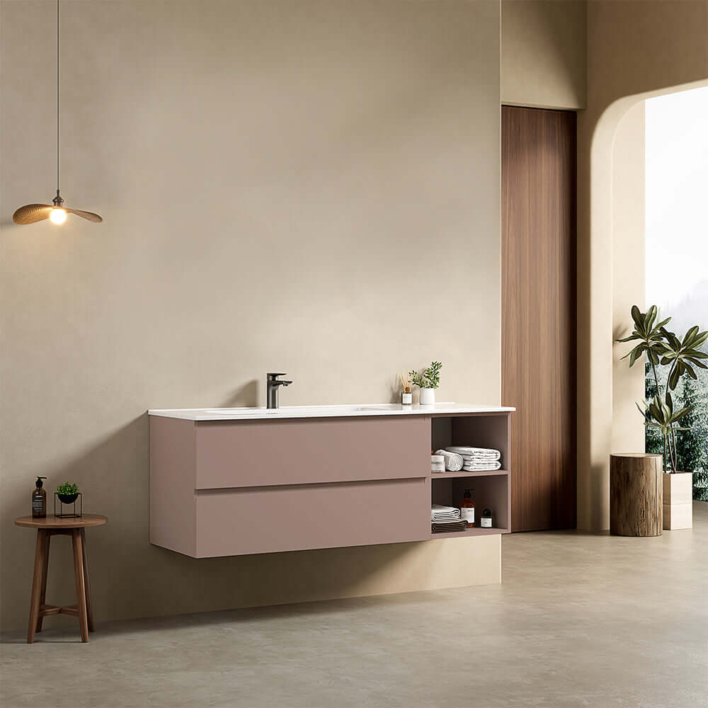 Mobile bagno sospeso 140 cm Rosa Retro Lavabo a Sinistra in Resina Senza Specchio - Fiji Paint Plus