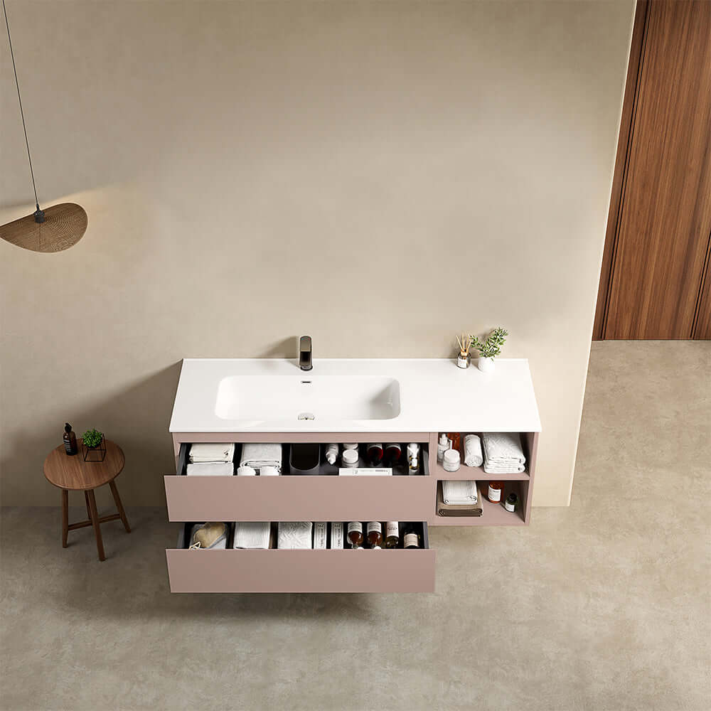 Mobile bagno sospeso 140 cm Rosa Retro Lavabo a Sinistra in Resina Senza Specchio - Fiji Paint Plus