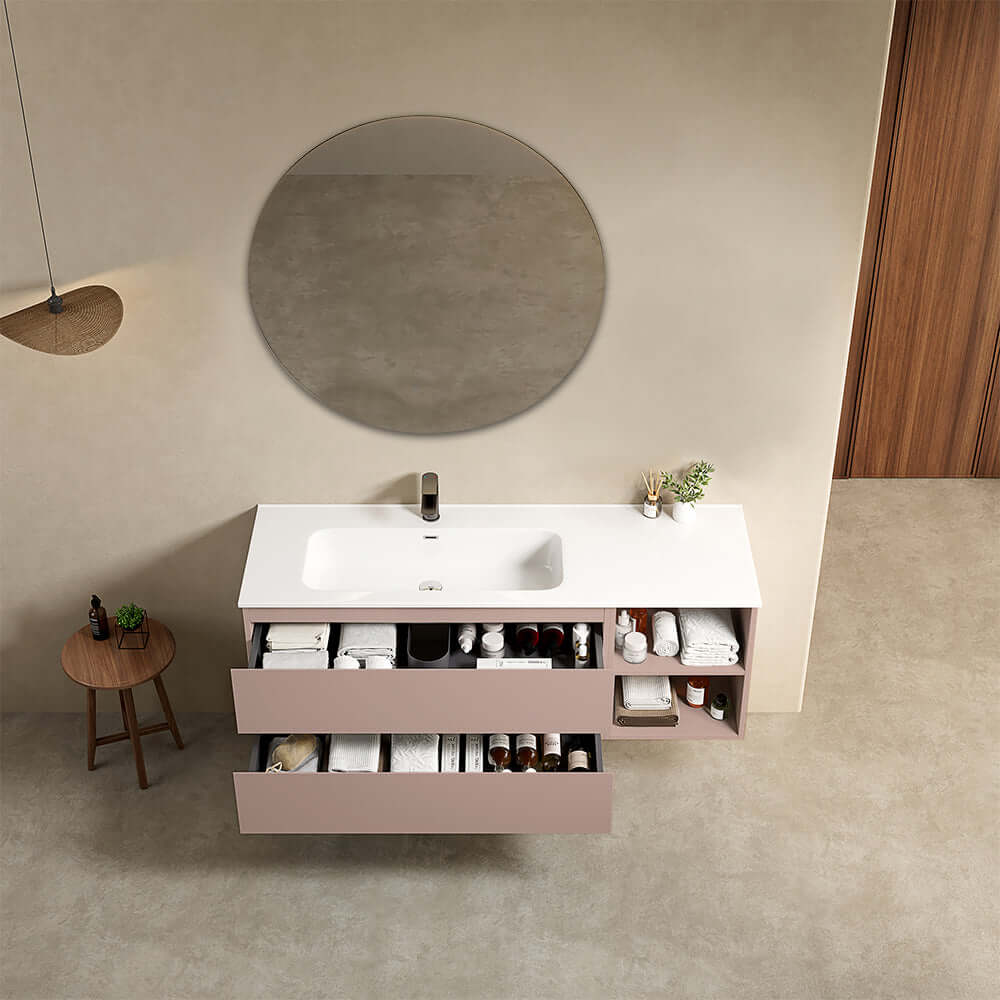 Mobile bagno sospeso 140 cm Rosa Retro Lavabo a Sinistra in Resina Specchio Tondo - Fiji Paint Plus