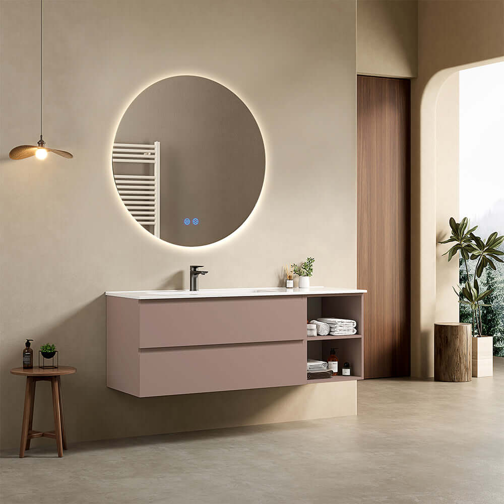 Mobile bagno sospeso 140 cm Rosa Retro Lavabo a Sinistra in Resina Specchio Tondo Retroilluminato - Fiji Paint Plus
