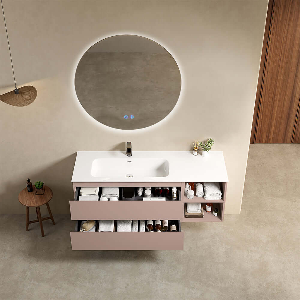 Mobile bagno sospeso 140 cm Rosa Retro Lavabo a Sinistra in Resina Specchio Tondo Retroilluminato - Fiji Paint Plus