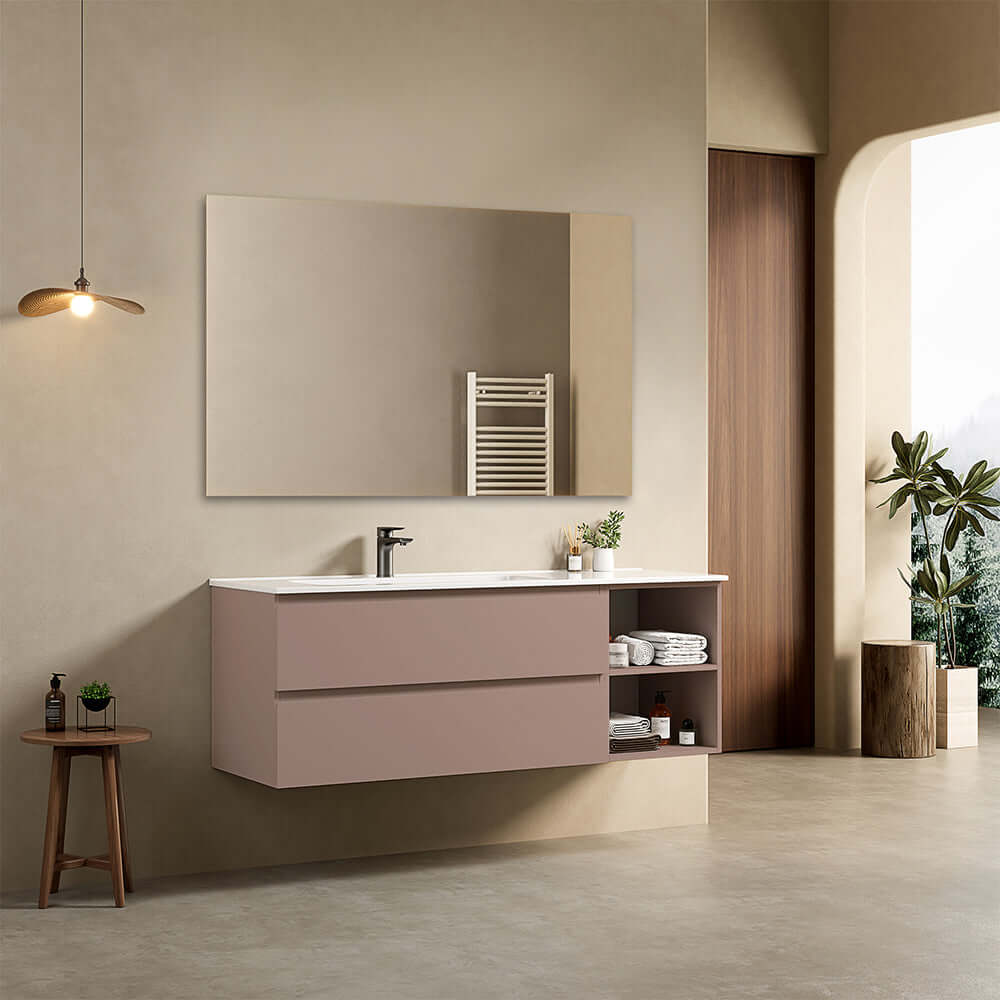 Mobile bagno sospeso 140 cm Rosa Retro Lavabo a Sinistra in Resina Specchio Quadro - Fiji Paint Plus