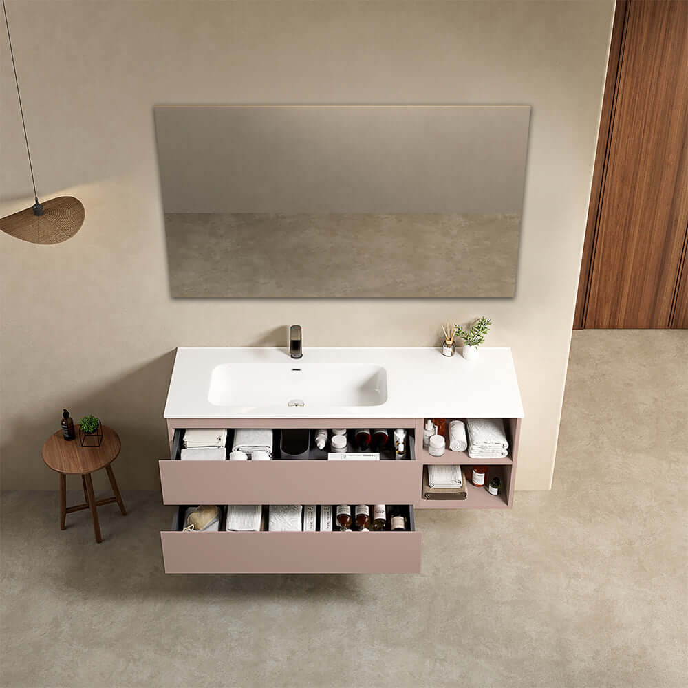 Mobile bagno sospeso 140 cm Rosa Retro Lavabo a Sinistra in Resina Specchio Quadro - Fiji Paint Plus