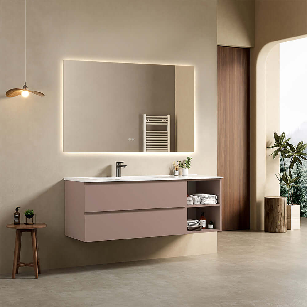 Mobile bagno sospeso 140 cm Rosa Retro Lavabo a Sinistra in Resina Specchio Quadro Retroilluminato - Fiji Paint Plus