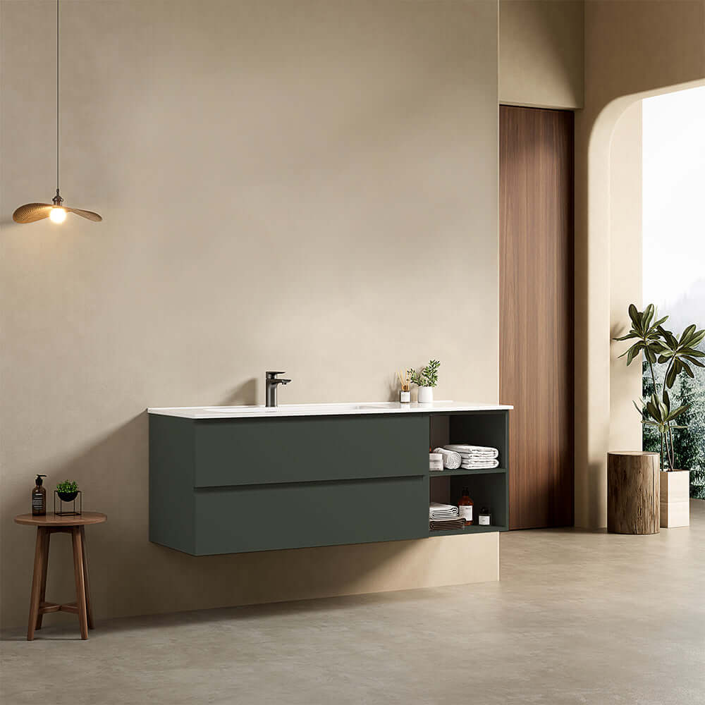 Mobile bagno sospeso 140 cm Verde Comodoro Lavabo a Sinistra in Resina Senza Specchio - Fiji Paint Plus