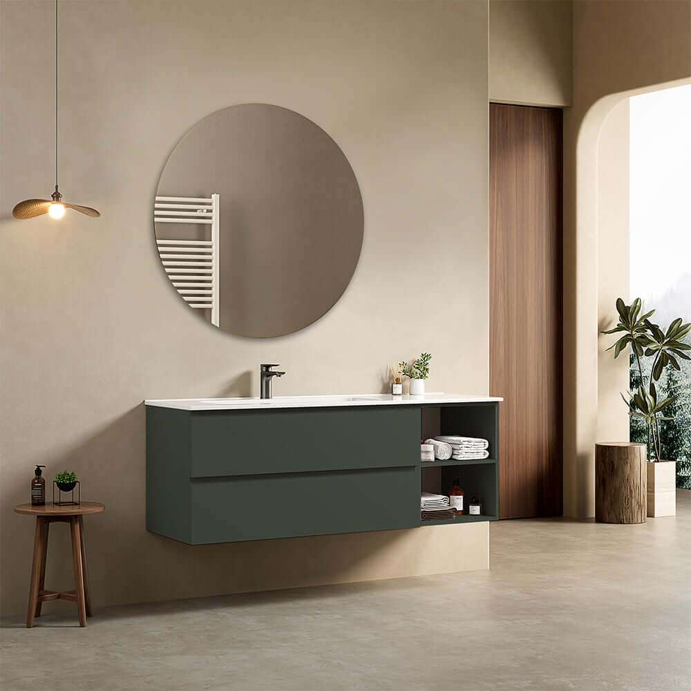 Mobile bagno sospeso 140 cm Verde Comodoro Lavabo a Sinistra in Resina Specchio Tondo - Fiji Paint Plus
