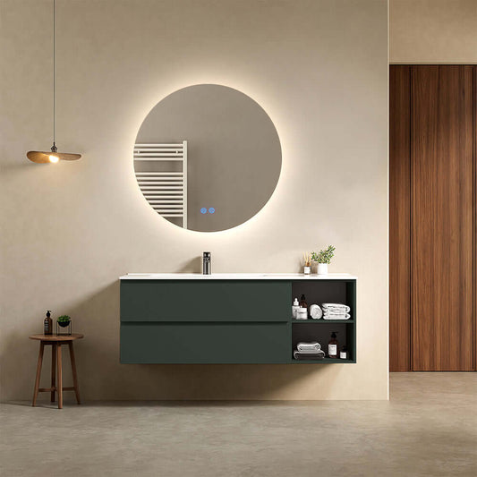 Mobile bagno sospeso 140 cm Verde Comodoro Lavabo a Sinistra in Resina Specchio Tondo Retroilluminato - Fiji Paint Plus