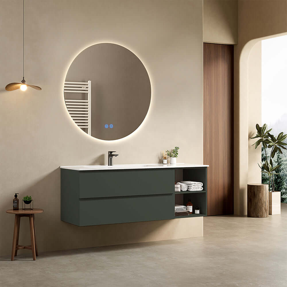Mobile bagno sospeso 140 cm Verde Comodoro Lavabo a Sinistra in Resina Specchio Tondo Retroilluminato - Fiji Paint Plus
