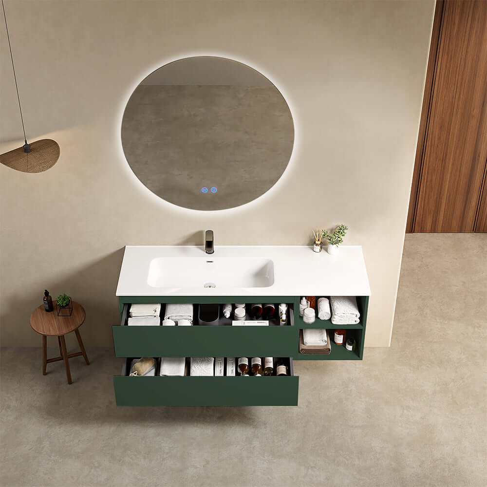 Mobile bagno sospeso 140 cm Verde Comodoro Lavabo a Sinistra in Resina Specchio Tondo Retroilluminato - Fiji Paint Plus