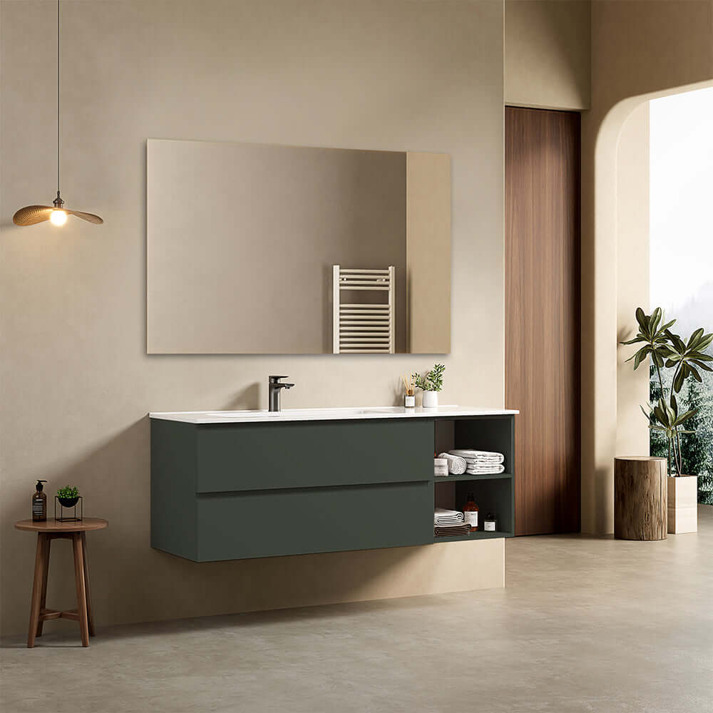 Mobile bagno sospeso 140 cm Verde Comodoro Lavabo a Sinistra in Resina Specchio Quadro - Fiji Paint Plus