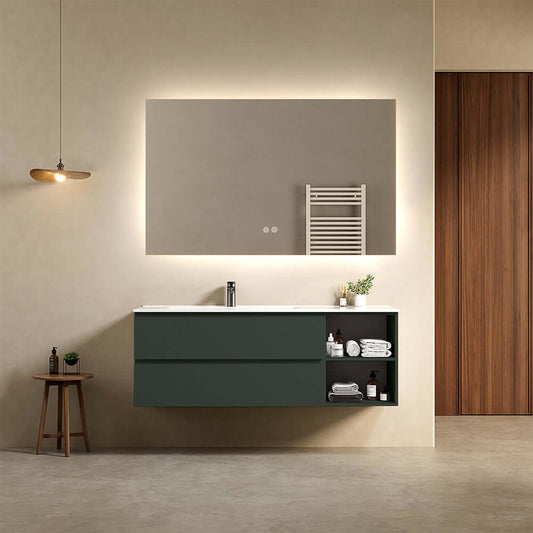 Mobile bagno sospeso 140 cm Verde Comodoro Lavabo a Sinistra in Resina Specchio Quadro Retroilluminato - Fiji Paint Plus