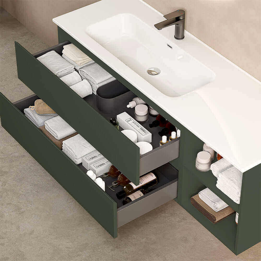 Mobile bagno sospeso 140 cm Verde Comodoro Lavabo a Sinistra in Resina Specchio Tondo - Fiji Paint Plus
