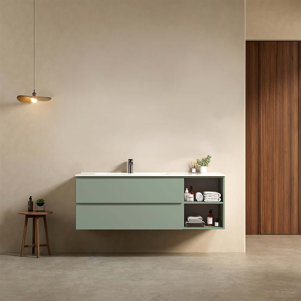 Mobile bagno sospeso 140 cm Verde Salvia Lavabo a Sinistra in Resina Senza Specchio - Fiji Paint Plus