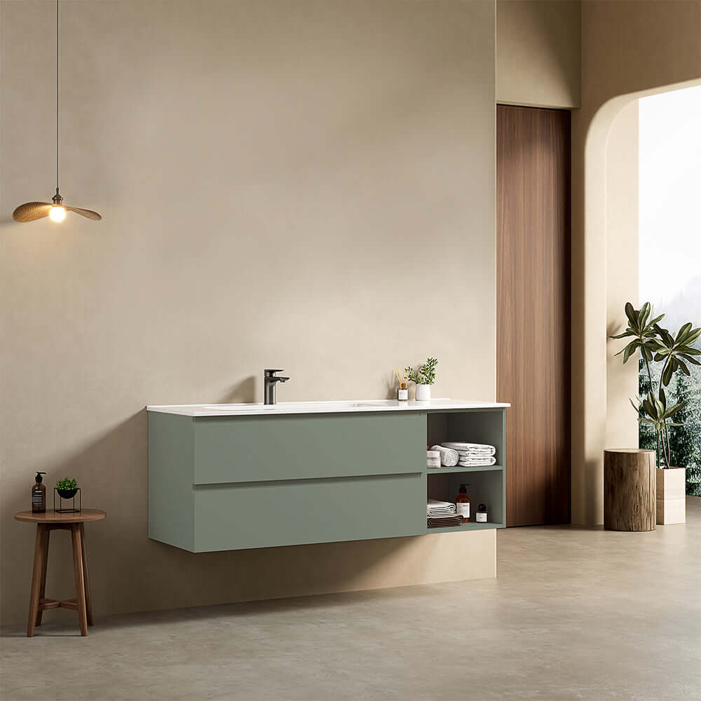 Mobile bagno sospeso 140 cm Verde Salvia Lavabo a Sinistra in Resina Senza Specchio - Fiji Paint Plus