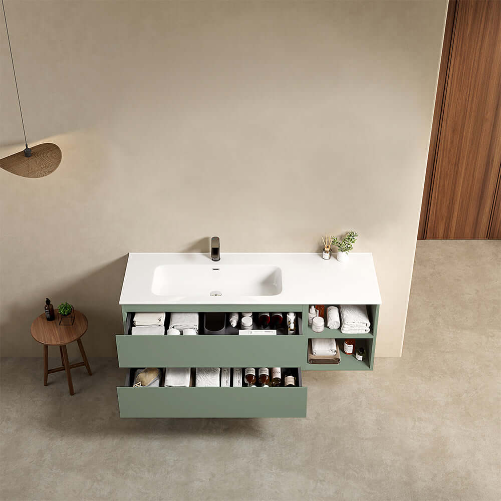 Mobile bagno sospeso 140 cm Verde Salvia Lavabo a Sinistra in Resina Senza Specchio - Fiji Paint Plus