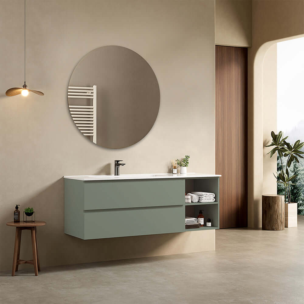 Mobile bagno sospeso 140 cm Verde Salvia Lavabo a Sinistra in Resina Specchio Tondo - Fiji Paint Plus