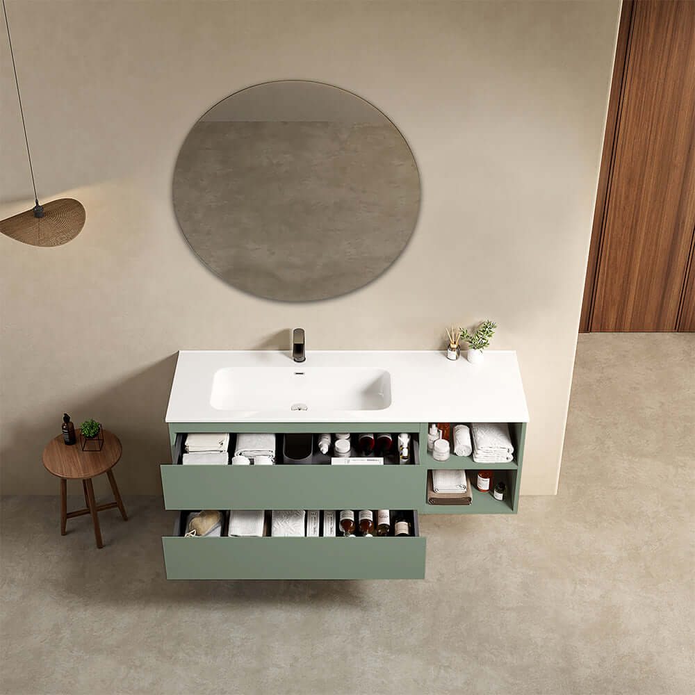 Mobile bagno sospeso 140 cm Verde Salvia Lavabo a Sinistra in Resina Specchio Tondo - Fiji Paint Plus