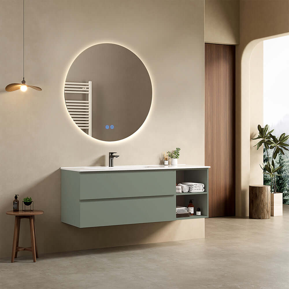 Mobile bagno sospeso 140 cm Verde Salvia Lavabo a Sinistra in Resina Specchio Tondo Retroilluminato - Fiji Paint Plus