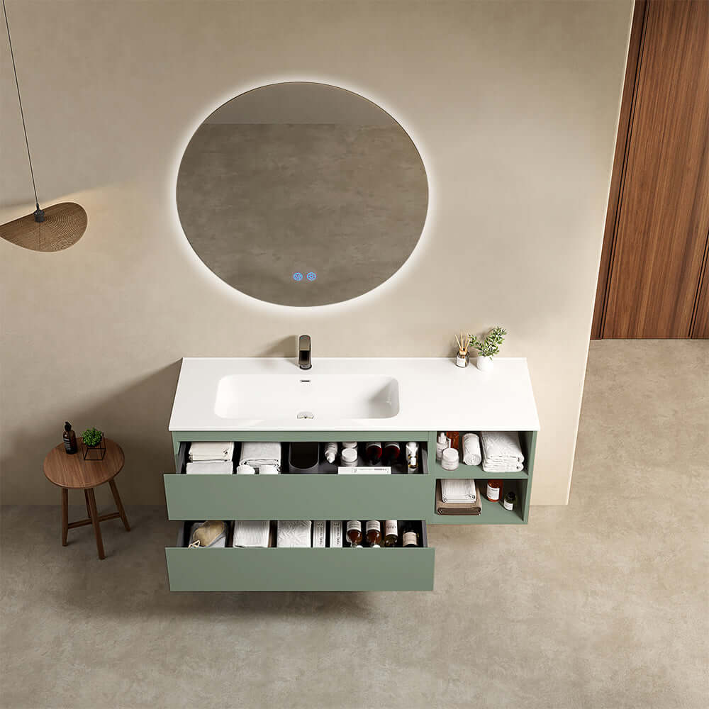 Mobile bagno sospeso 140 cm Verde Salvia Lavabo a Sinistra in Resina Specchio Tondo Retroilluminato - Fiji Paint Plus