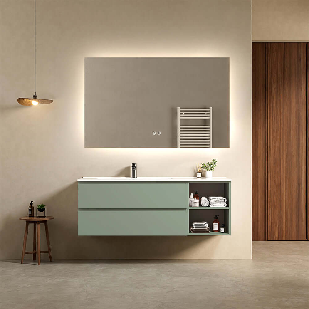 Mobile bagno sospeso 140 cm Verde Salvia Lavabo a Sinistra in Resina Specchio Quadro Retroilluminato - Fiji Paint Plus