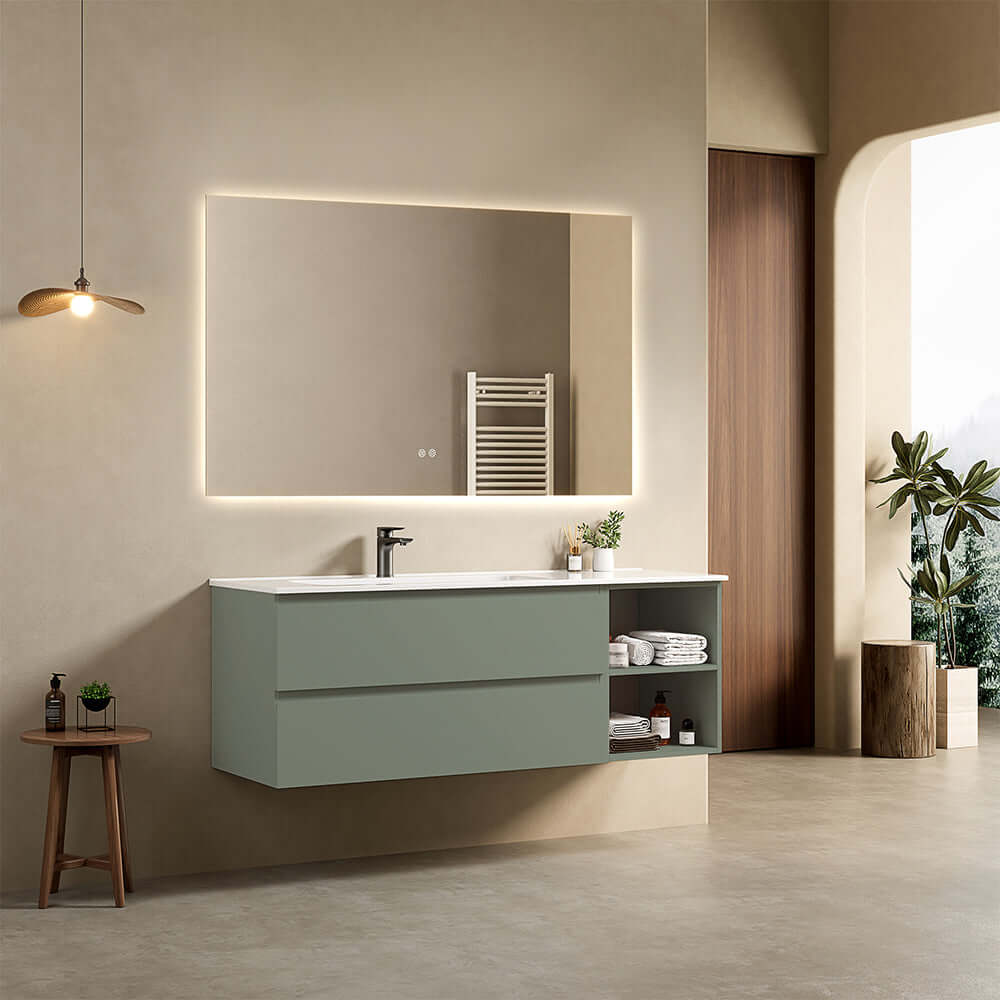 Mobile bagno sospeso 140 cm Verde Salvia Lavabo a Sinistra in Resina Specchio Quadro Retroilluminato - Fiji Paint Plus