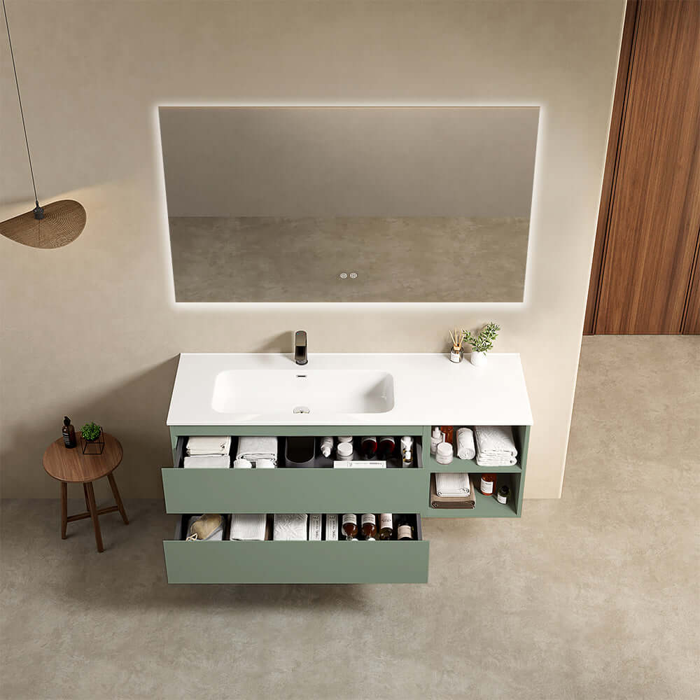 Mobile bagno sospeso 140 cm Verde Salvia Lavabo a Sinistra in Resina Specchio Quadro Retroilluminato - Fiji Paint Plus