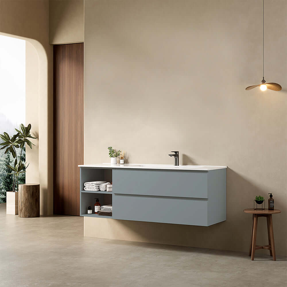 Mobile bagno sospeso 140 cm Blu Avio Lavabo a Destra in Resina Senza Specchio - Fiji Paint Plus