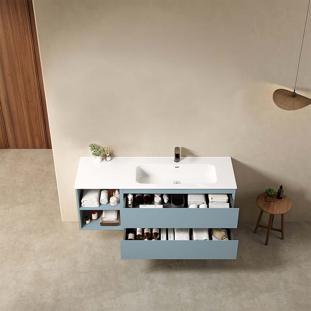 Mobile bagno sospeso 140 cm Blu Avio Lavabo a Destra in Resina Senza Specchio - Fiji Paint Plus