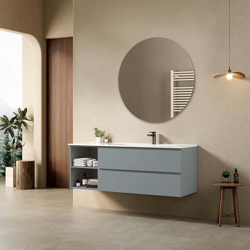 Mobile bagno sospeso 140 cm Blu Avio Lavabo a Destra in Resina Specchio Tondo - Fiji Paint Plus