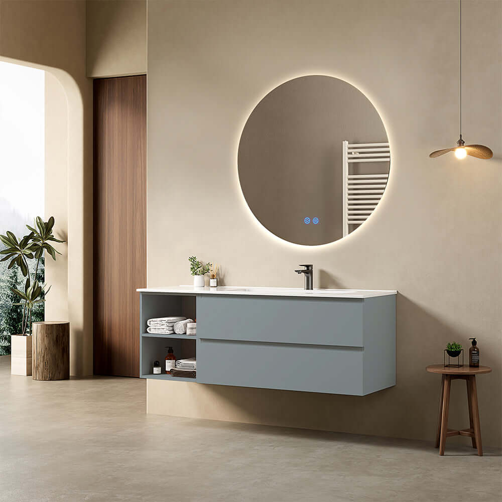 Mobile bagno sospeso 140 cm Blu Avio Lavabo a Destra in Resina Specchio Tondo Retroilluminato - Fiji Paint Plus