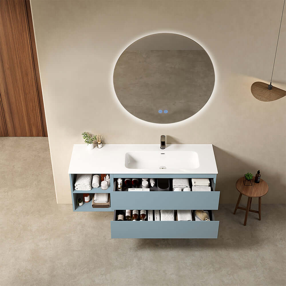 Mobile bagno sospeso 140 cm Blu Avio Lavabo a Destra in Resina Specchio Tondo Retroilluminato - Fiji Paint Plus