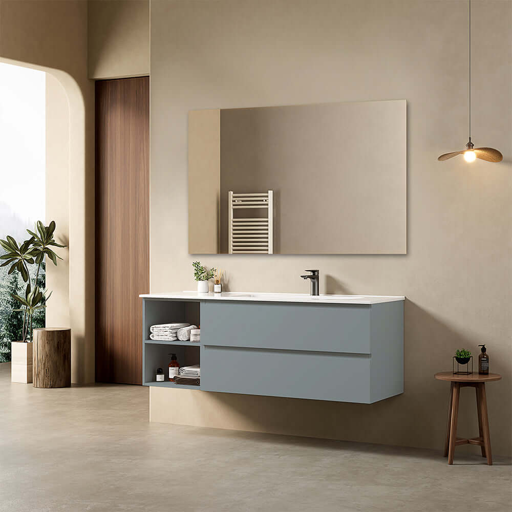 Mobile bagno sospeso 140 cm Blu Avio Lavabo a Destra in Resina Specchio Quadro - Fiji Paint Plus