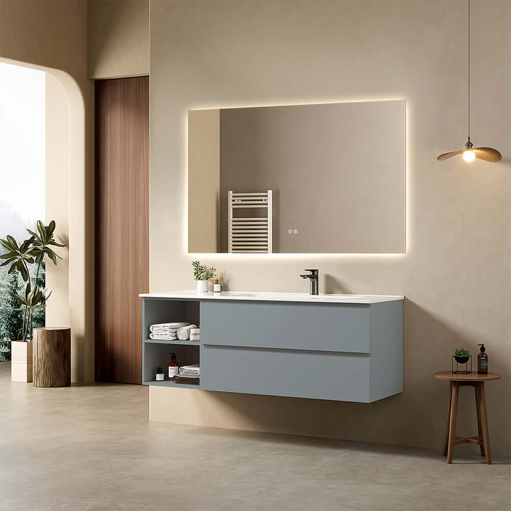Mobile bagno sospeso 140 cm Blu Avio Lavabo a Destra in Resina Specchio Quadro Retroilluminato - Fiji Paint Plus