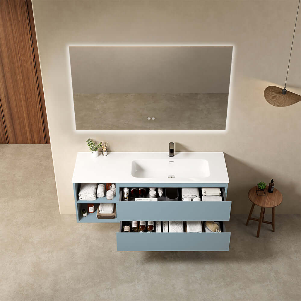 Mobile bagno sospeso 140 cm Blu Avio Lavabo a Destra in Resina Specchio Quadro Retroilluminato - Fiji Paint Plus