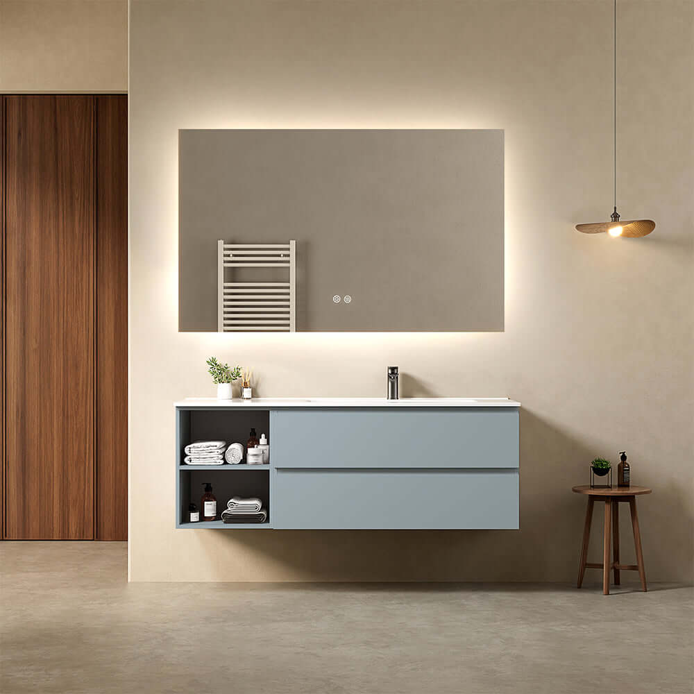 Mobile bagno sospeso 140 cm Blu Avio Lavabo a Destra in Resina Specchio Quadro Retroilluminato - Fiji Paint Plus