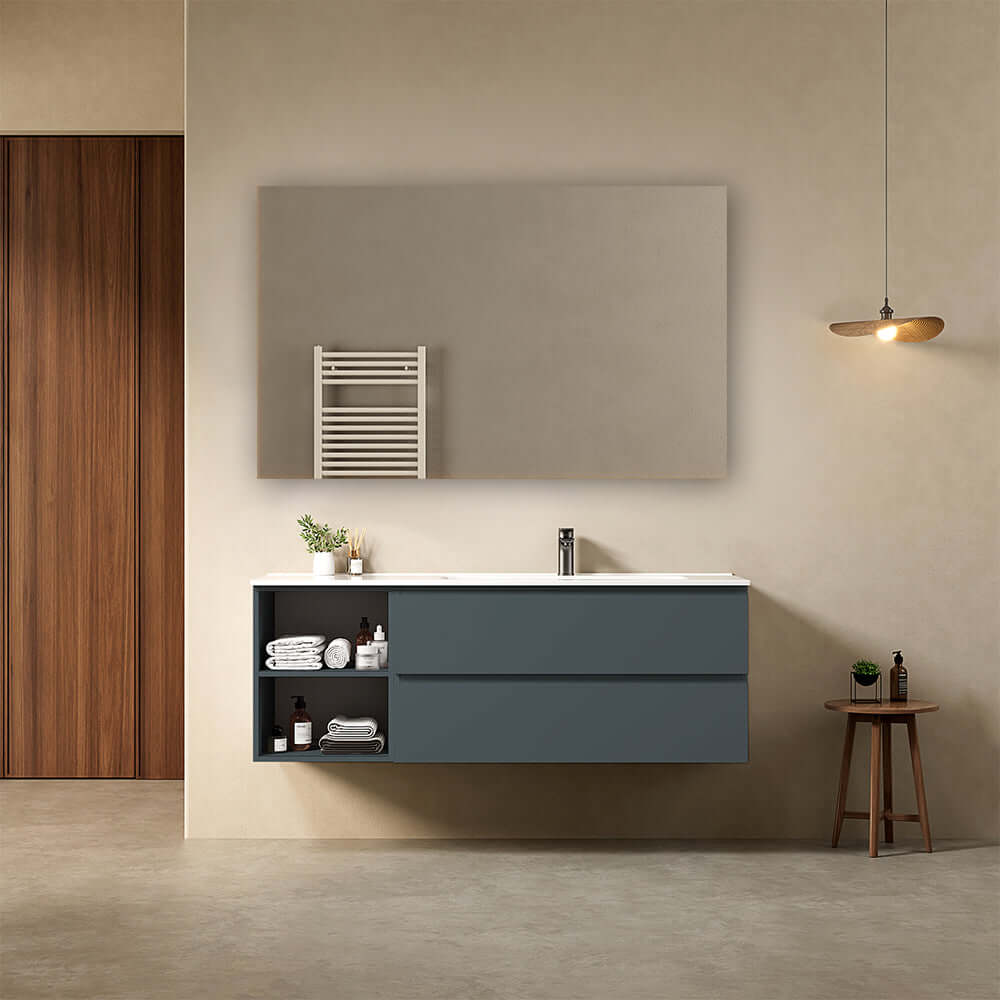 Mobile bagno sospeso 140 cm Blu Mare Lavabo a Destra in Resina Specchio Quadro - Fiji Paint Plus