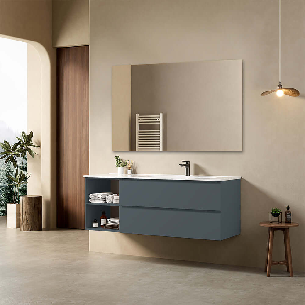 Mobile bagno sospeso 140 cm Blu Mare Lavabo a Destra in Resina Specchio Quadro - Fiji Paint Plus