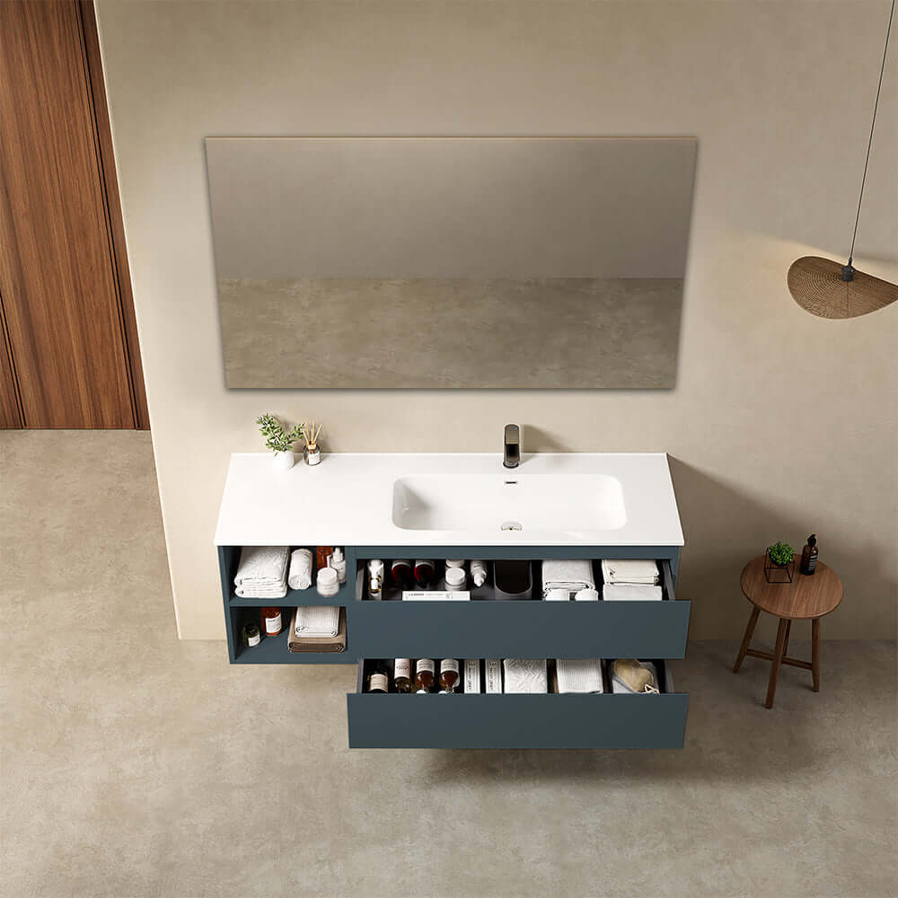 Mobile bagno sospeso 140 cm Blu Mare Lavabo a Destra in Resina Specchio Quadro - Fiji Paint Plus