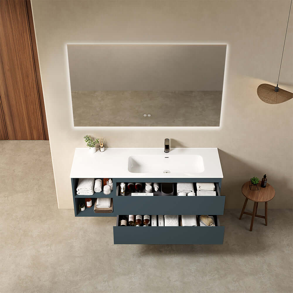 Mobile bagno sospeso 140 cm Blu Mare Lavabo a Destra in Resina Specchio Quadro Retroilluminato - Fiji Paint Plus