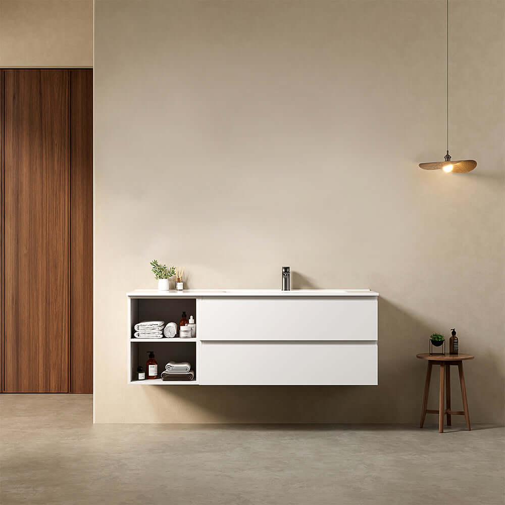 Mobile bagno sospeso 140 cm Bianco Lavabo a Destra in Resina Senza Specchio - Fiji Paint Plus