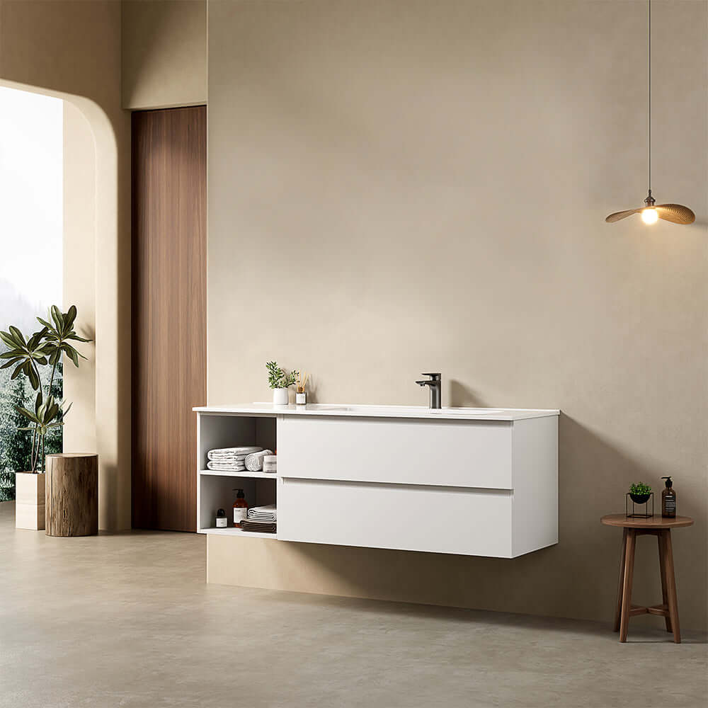 Mobile bagno sospeso 140 cm Bianco Lavabo a Destra in Resina Senza Specchio - Fiji Paint Plus