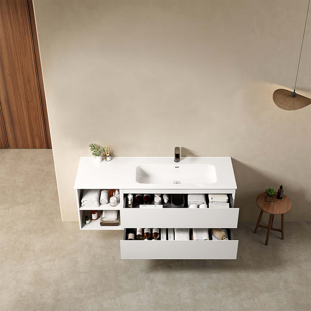 Mobile bagno sospeso 140 cm Bianco Lavabo a Destra in Resina Senza Specchio - Fiji Paint Plus