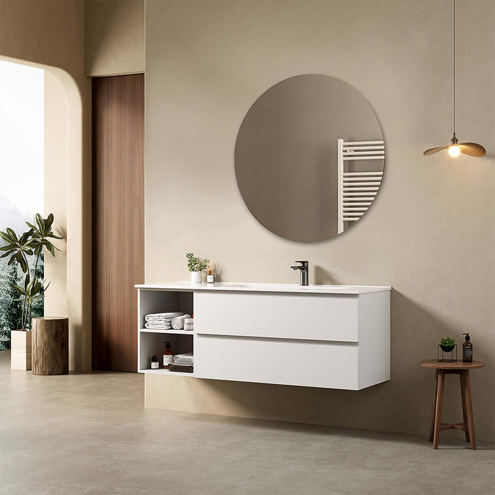 Mobile bagno sospeso 140 cm Bianco Lavabo a Destra in Resina Specchio Tondo - Fiji Paint Plus