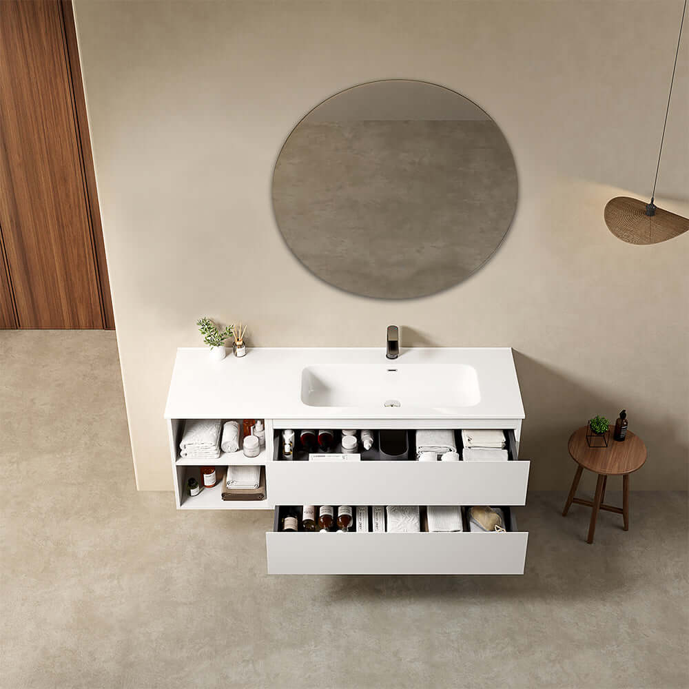 Mobile bagno sospeso 140 cm Bianco Lavabo a Destra in Resina Specchio Tondo - Fiji Paint Plus
