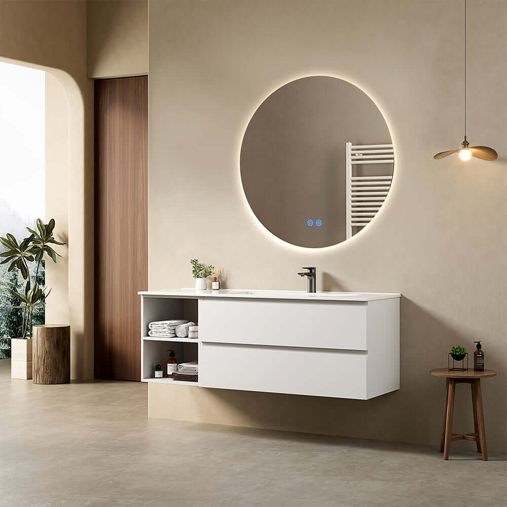 Mobile bagno sospeso 140 cm Bianco Lavabo a Destra in Resina Specchio Tondo Retroilluminato - Fiji Paint Plus